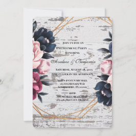 Navy Bourgogne Pink Peony Wood Engagement Party Kaart