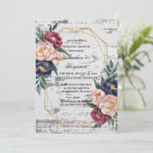 Navy Bourgogne Roze Pioenhout Trouwdouche Kaart (Staand voorkant)