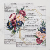 Navy Bourgogne Roze Pioenhout Trouwdouche Kaart (Voorkant / Achterkant)