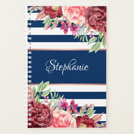Navy Bourgogne Strepen Floral Monogram Planner (Voorkant)