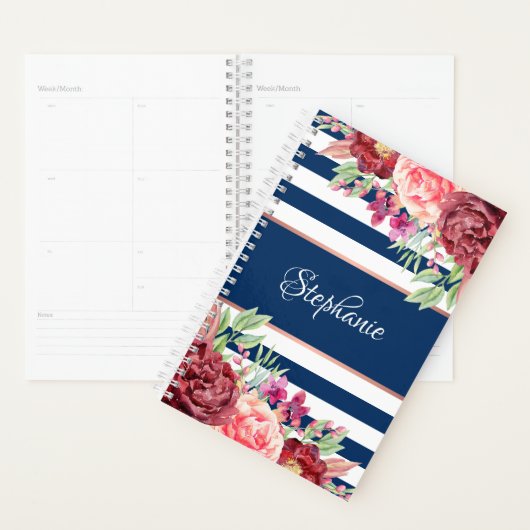 Navy Bourgogne Strepen Floral Monogram Planner (Display)