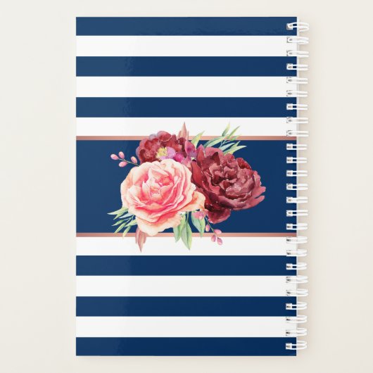 Navy Bourgogne Strepen Floral Monogram Planner (Achterkant)