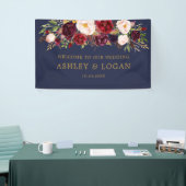 Navy Bourgogne Waterverf Bloemen bruiloft Welkom Spandoek (Beurs)