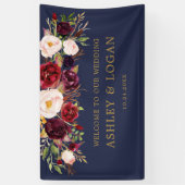 Navy Bourgogne Waterverf Bloemen bruiloft Welkom Spandoek (Verticaal)