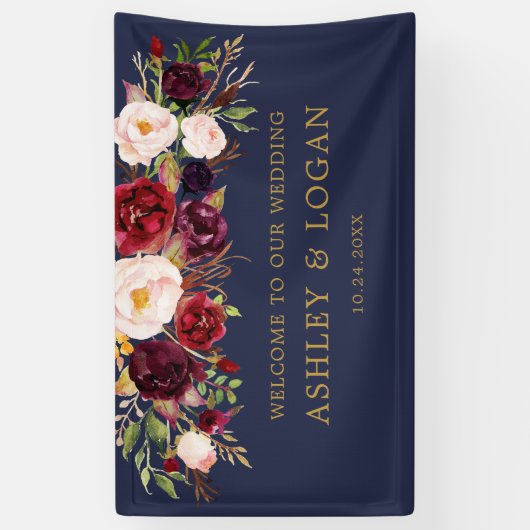Navy Bourgogne Waterverf Bloemen bruiloft Welkom Spandoek (Verticaal)