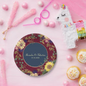 Navy Bourgogne Zonnebloem Huwelijk Papieren Bordje (Feest)