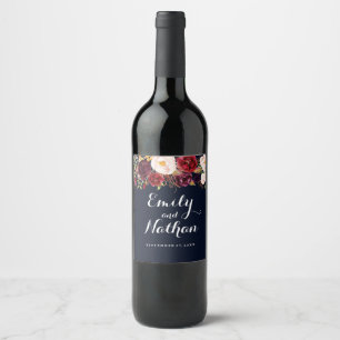 Navy Bourgondië Bloemen Herfst Bruiloft Wijn Label Etiket