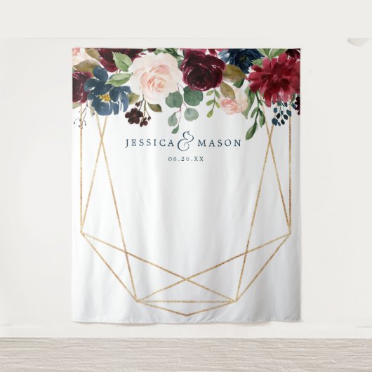 Navy Bourgondië Bloemen Wedding Decor Achtergrond Wandkleed (Voorkant)