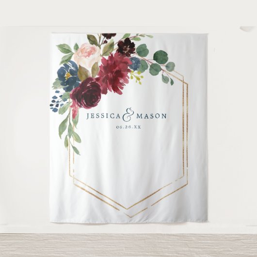 Navy Bourgondië Bloemen Wedding Decor Achtergrond Wandkleed (Voorkant)