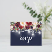 Navy Bourgondië Bloemenkruid Mason Jar String Ligh Uitnodiging Briefkaart (Staand voorkant)