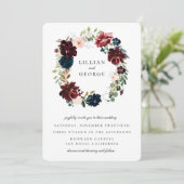 Navy Bourgondië Blush Bloemkrans Bruiloft Kaart (Staand voorkant)