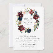 Navy Bourgondië Blush Bloemkrans Bruiloft Kaart (Voorkant)