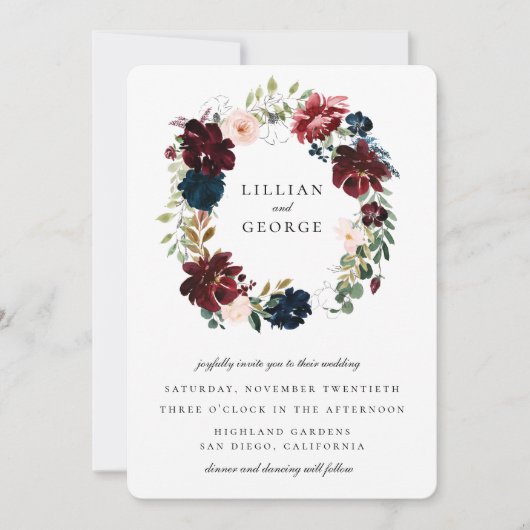 Navy Bourgondië Blush Bloemkrans Bruiloft Kaart (Voorkant)