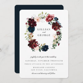 Navy Bourgondië Blush Bloemkrans Bruiloft Kaart