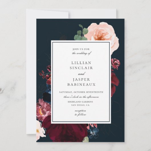 Navy Bourgondië Blush Herfst Bloemen Bruiloft Kaart (Voorkant)