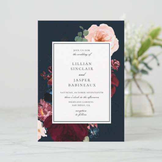 Navy Bourgondië Blush Herfst Bloemen Bruiloft Kaart (Staand voorkant)