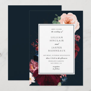 Navy Bourgondië Blush Herfst Bloemen Bruiloft Kaart