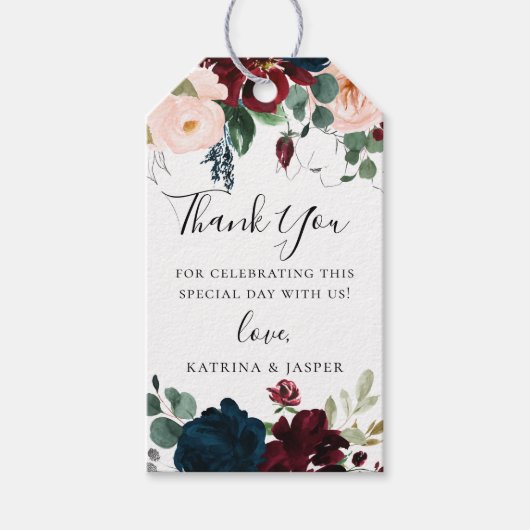 Navy Bourgondië Blush Herfst Floral Dank u Cadeaulabel (Voorkant)