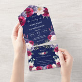 Navy Bourgondië Blush Modern  Bloemen Bruiloft All In One Uitnodiging (Afscheurbaar)