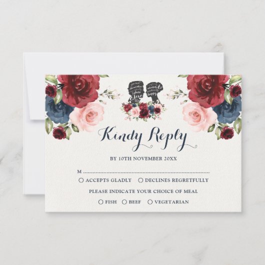 Navy Bourgondië Blush Waterverf Bloemenbruiloft RS Kaart (Voorkant)