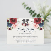 Navy Bourgondië Blush Waterverf Bloemenbruiloft RS Kaart (Staand voorkant)