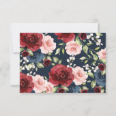 Navy Bourgondië Blush Waterverf Bloemenbruiloft RS Kaart (Achterkant)