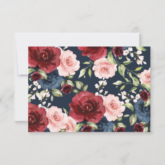 Navy Bourgondië Blush Waterverf Bloemenbruiloft RS Kaart (Achterkant)