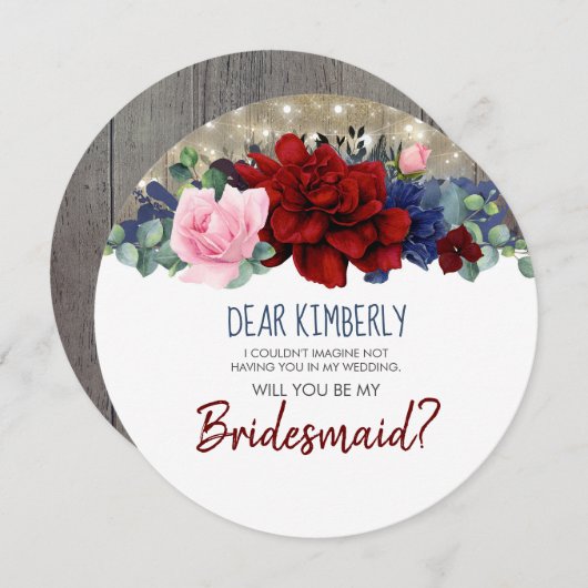 Navy Bourgondië Blush zal je mijn bruidsmeisje zij Kaart (Voorkant / Achterkant)