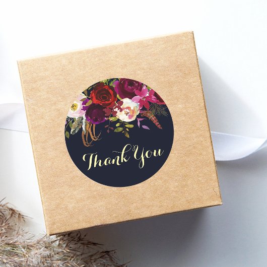 Navy Bourgondië Boho Bloemen Herfst Bruiloft Dank  Ronde Sticker