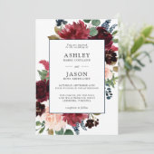 Navy, Bourgondië en Blush Waterverf Bloemenbruilof Kaart (Staand voorkant)