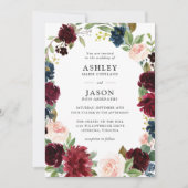 Navy, Bourgondië en Blush Waterverf Bloemenbruilof Kaart (Voorkant)
