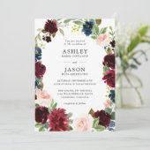 Navy, Bourgondië en Blush Waterverf Bloemenbruilof Kaart (Staand voorkant)