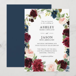 Navy, Bourgondië en Blush Waterverf Bloemenbruilof Kaart