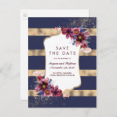 Navy Bourgondië en Gouden Bloemen Save the Date Aankondigingskaart (Voorkant / Achterkant)