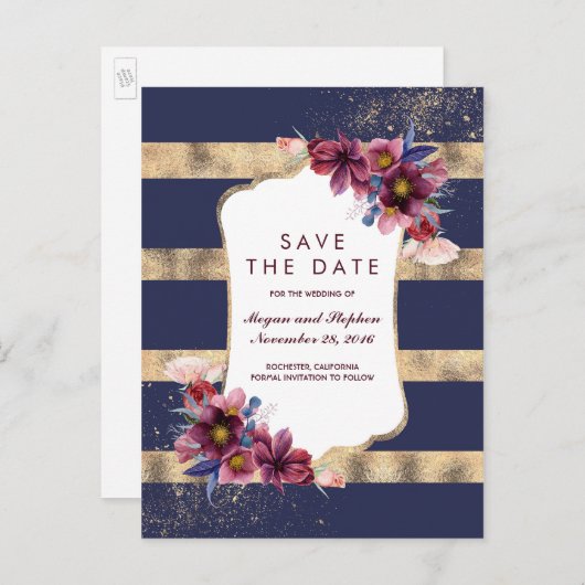 Navy Bourgondië en Gouden Bloemen Save the Date Aankondigingskaart (Voorkant / Achterkant)