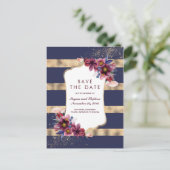 Navy Bourgondië en Gouden Bloemen Save the Date Aankondigingskaart (Staand voorkant)