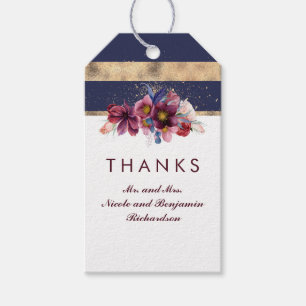 Navy Bourgondië en gouden bloemenbruiloft Cadeaulabel