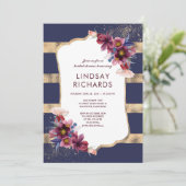 Navy Bourgondië en gouden bloemig Vrijgezellenfees Kaart (Staand voorkant)