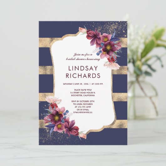 Navy Bourgondië en gouden bloemig Vrijgezellenfees Kaart (Staand voorkant)