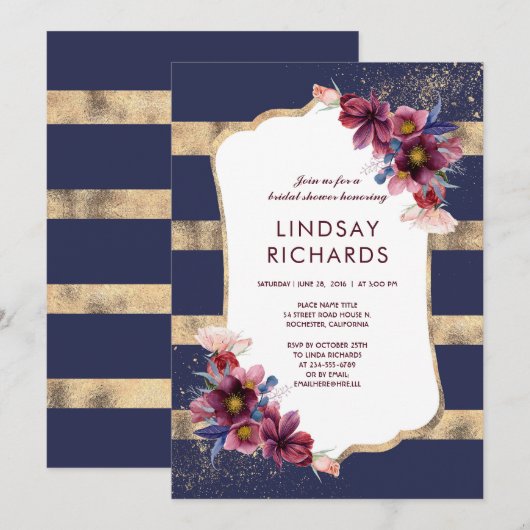 Navy Bourgondië en gouden bloemig Vrijgezellenfees Kaart (Voorkant / Achterkant)