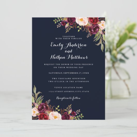 Navy Bourgondië Floral Fall bruiloft uitnodiging (Staand voorkant)