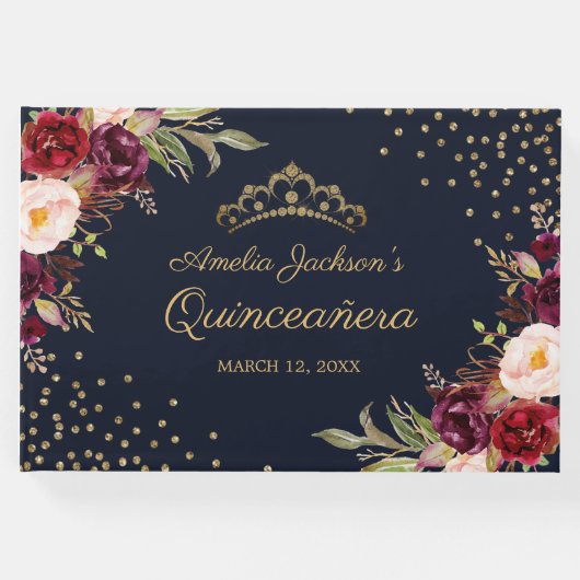 Navy Bourgondië Floral Quinceanera gastenboek (Voorkant)