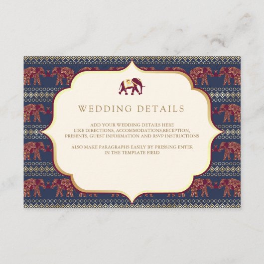 Navy Bourgondië Gold Elephant Indian Wedding Detai Informatiekaartje (Voorkant)
