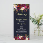 Navy Bourgondië Marsala Boho Bloemen Bruiloftsprog Programmakaart (Staand voorkant)