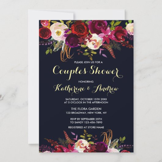 Navy Bourgondië Marsala Boho Bloemenkoppels Douche Kaart (Voorkant)