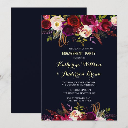 Navy Bourgondië Marsala Boho Herfst Verlovingsfees Kaart (Voorkant / Achterkant)