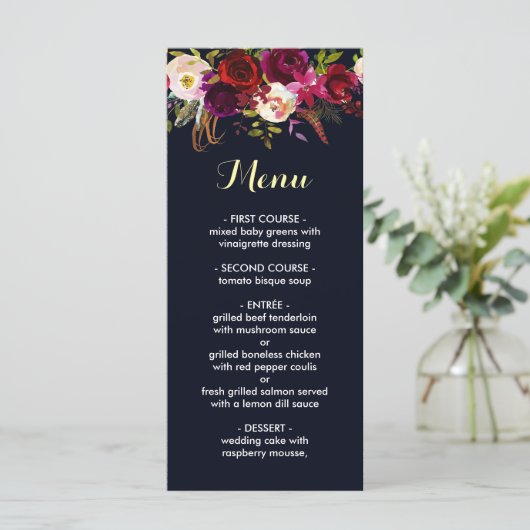 Navy Bourgondië Marsala Bruiloft Menu Kaart (Staand voorkant)