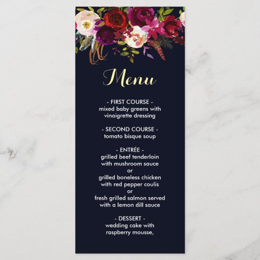 Navy Bourgondië Marsala Bruiloft Menu Kaart (Voorkant)