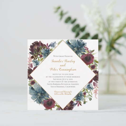 Navy Bourgondië Marsala Goud Bloemen | Vierkante b Kaart (Staand voorkant)