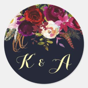 Navy Bourgondië Marsala Rustiek Boho Floral Monogr Ronde Sticker